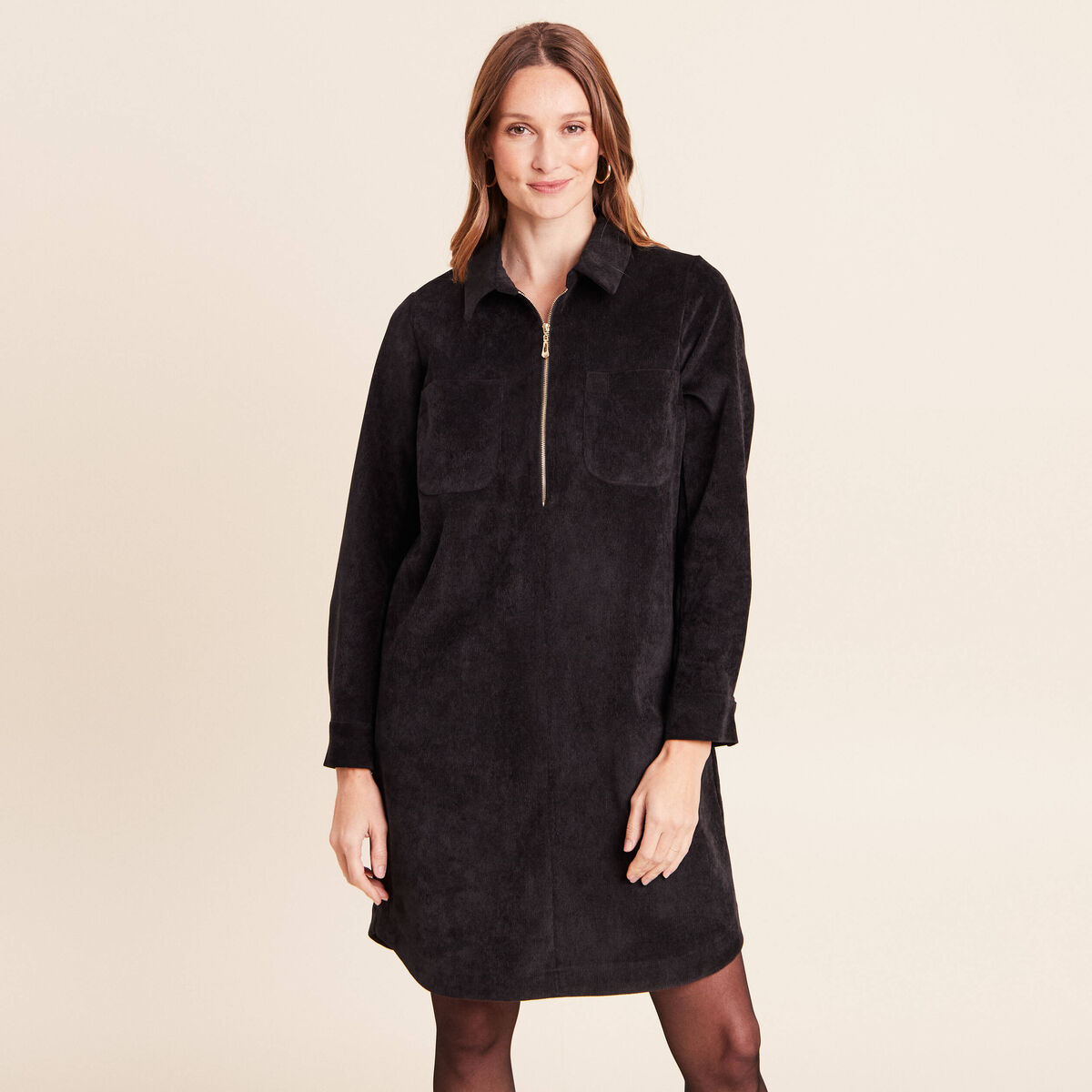 Robe droite courte velours col chemise noir femme