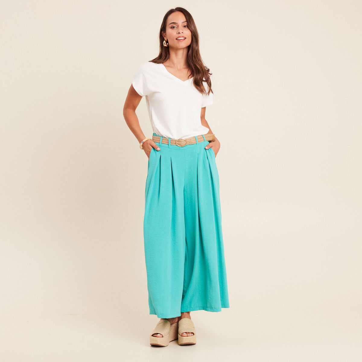 Pantalon jupe-culotte large vert turquoise femme