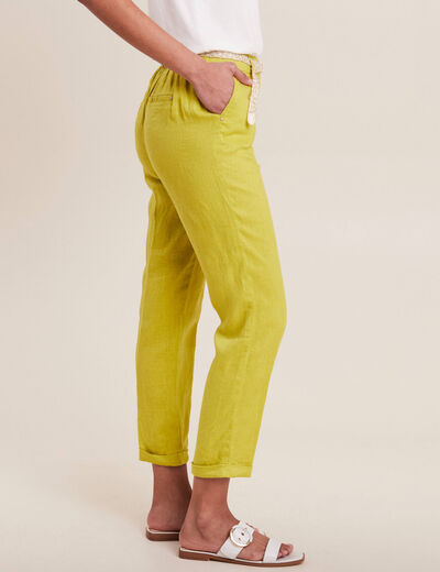 Pantalon coupe chino en lin ceintur&eacute; vert anis femme