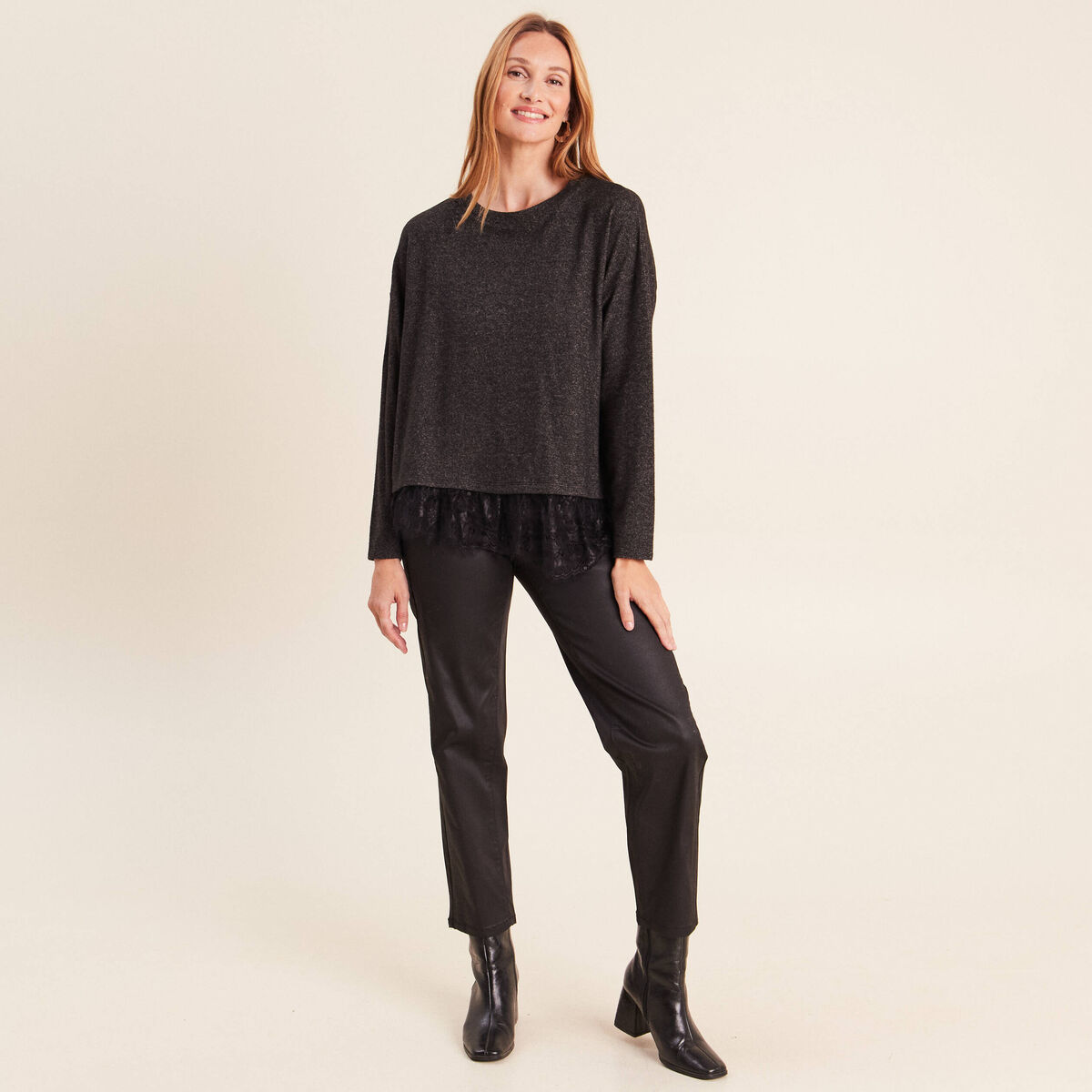 Pantalon enduit noir femme
