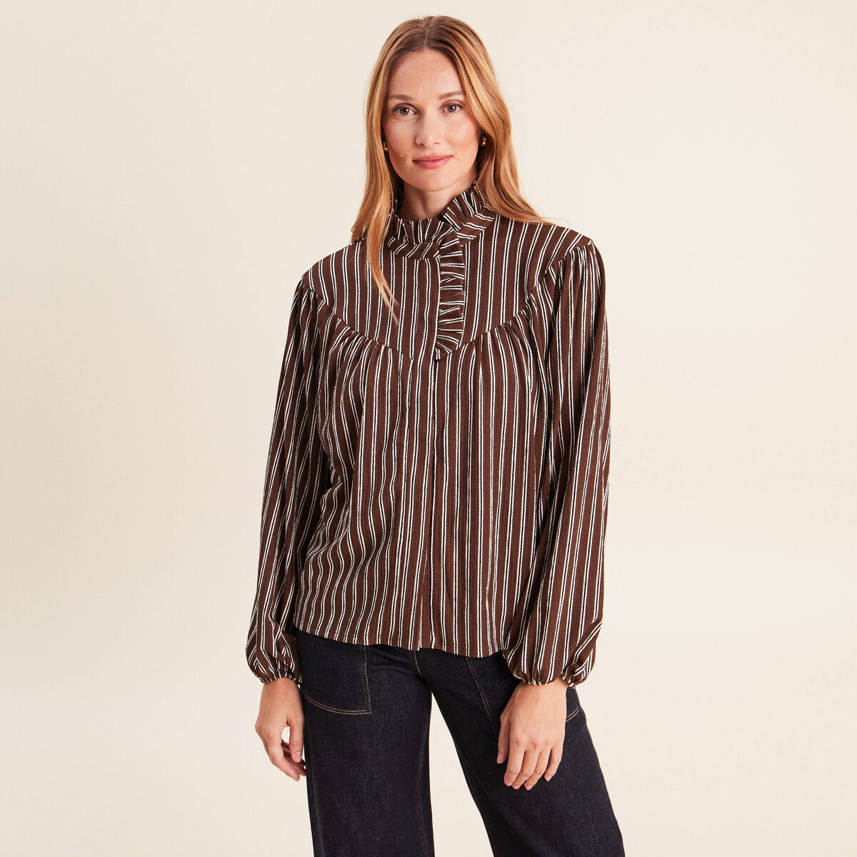 Blouse droite manches longues marron femme