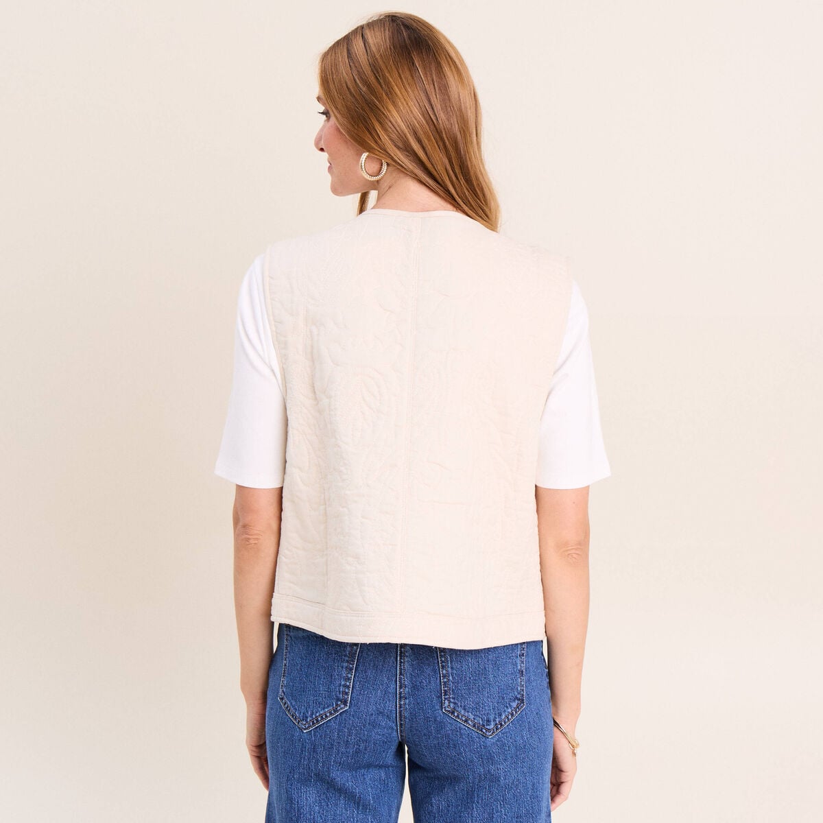 Gilet sans manches doubl&eacute; coton ecru femme