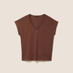 T-shirt col v manches courtes aspect lin marron fonc&eacute; femme