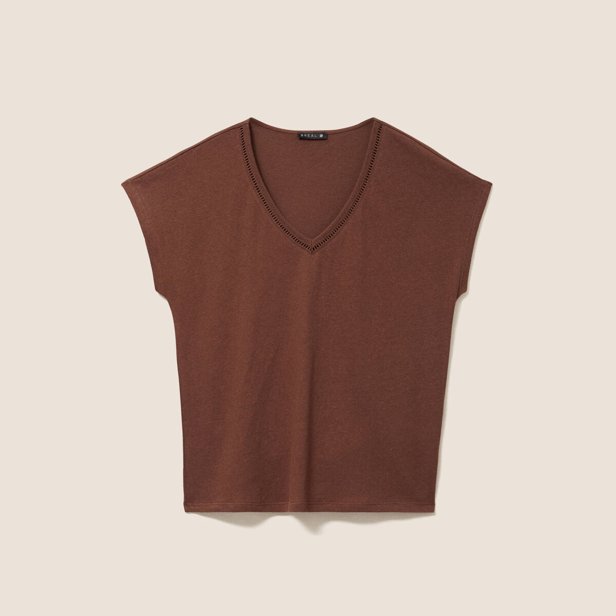 T-shirt col v manches courtes aspect lin marron fonc&eacute; femme