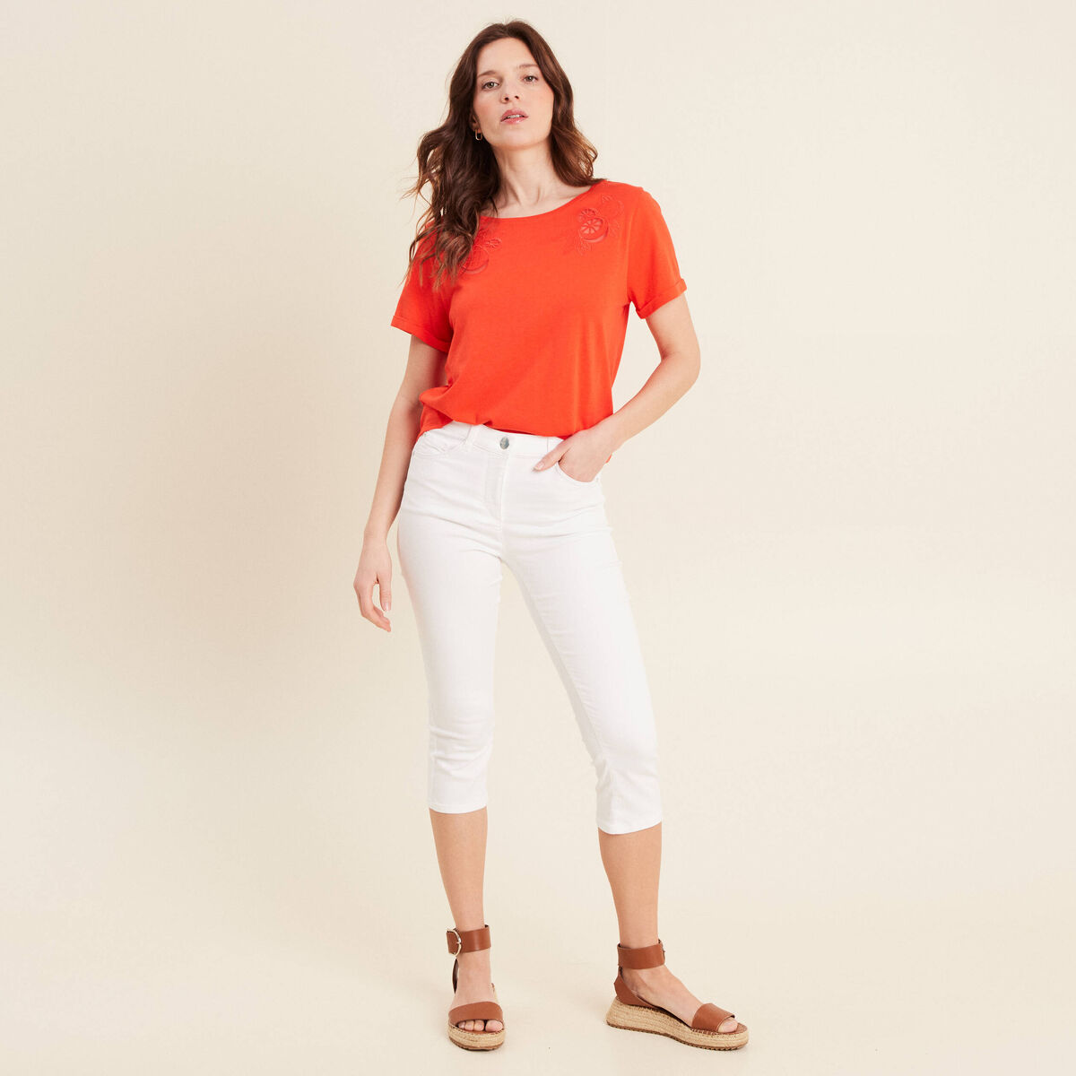 T-shirt manches courtes brod&eacute; orange fonc&eacute; femme