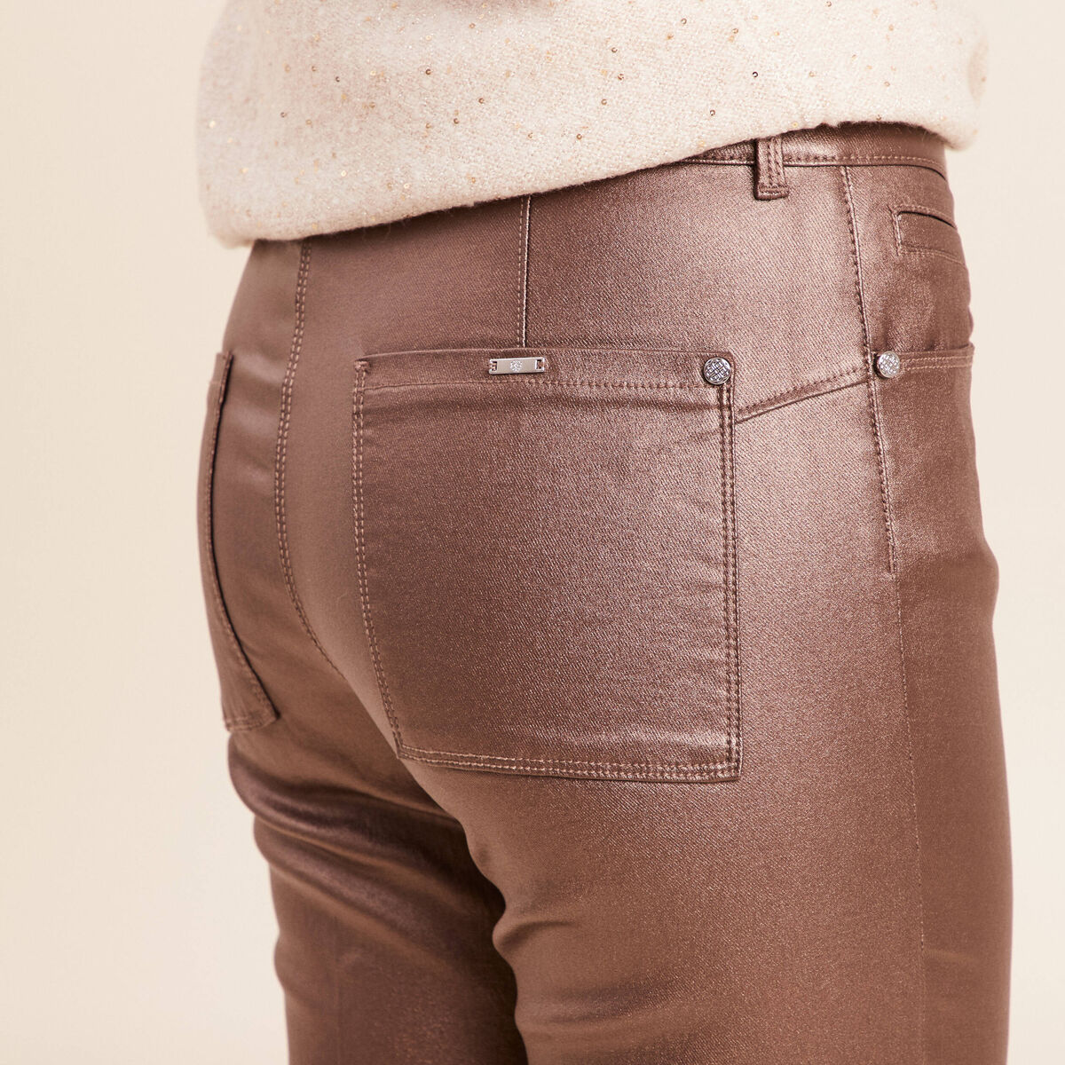 Pantalon enduit coupe large marron fonc&eacute; femme
