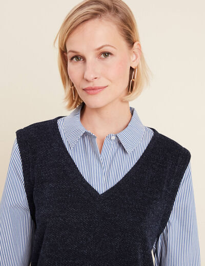 Pull effet 2-en-1 chemise bleu fonc&eacute; femme