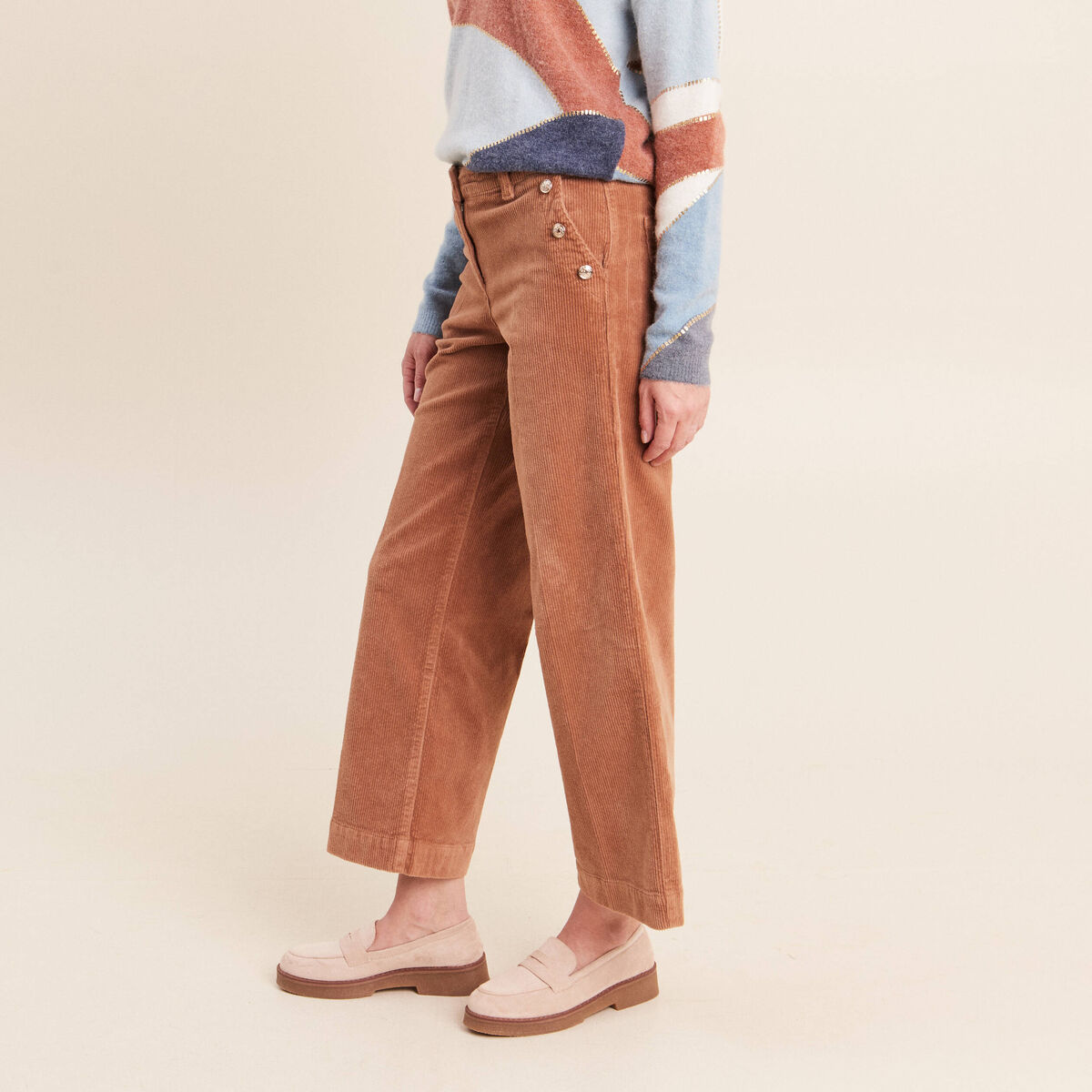 Pantalon large velours c&ocirc;tel&eacute; marron femme