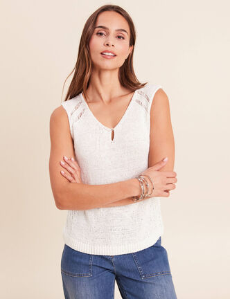 D&eacute;bardeur tricot sans manches blanc femme