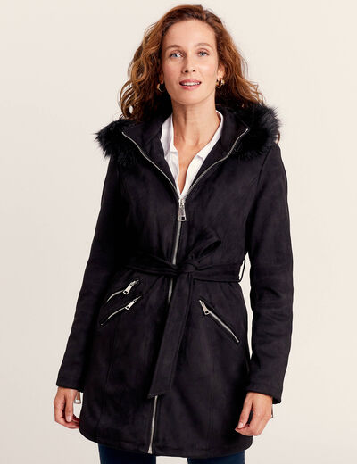 Manteau cintré suédine capuche noir femme