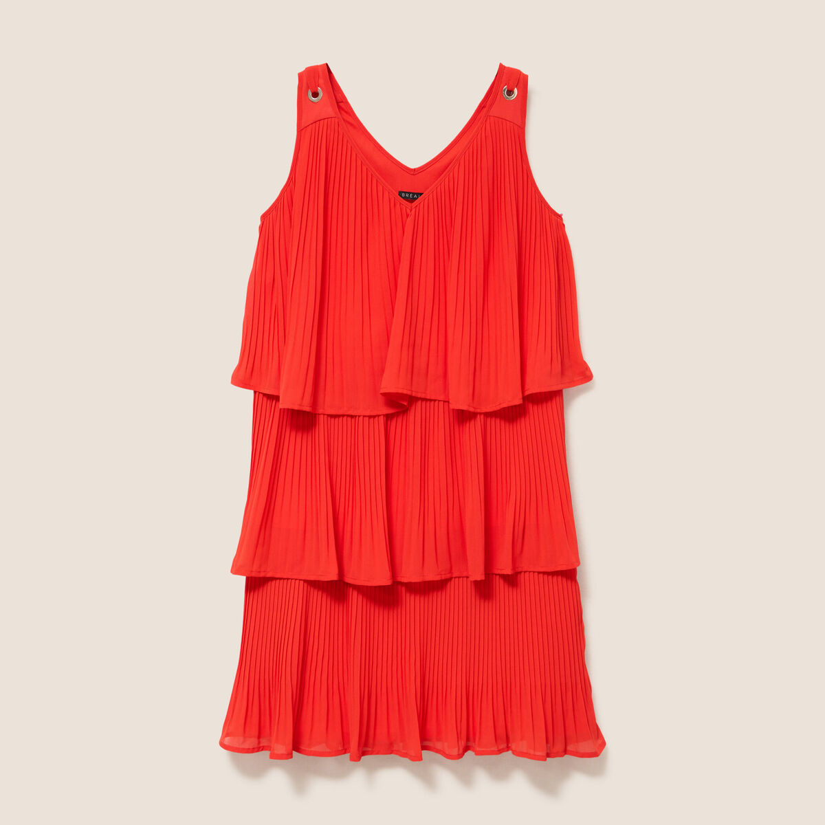 Robe pliss&eacute;e sans manches col v orange fonc&eacute; femme