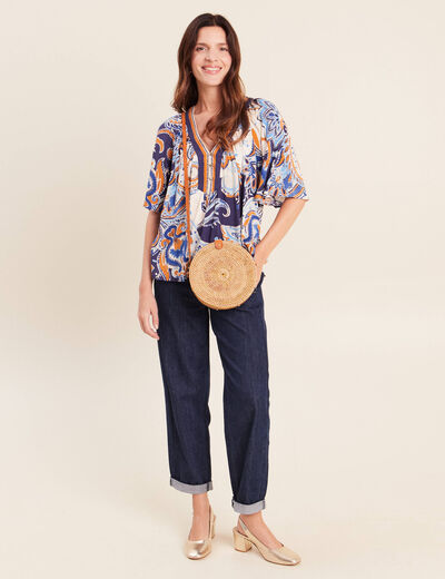 Blouse ample col v manches 3/4 bleu femme