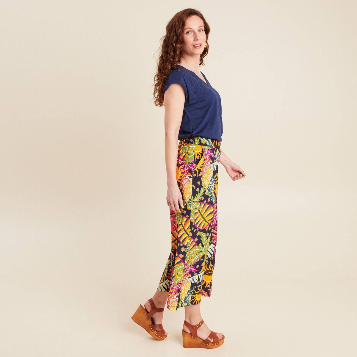 Pantalon flou large 7/8ème multicolore femme