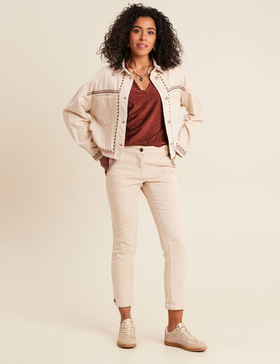 Veste en jean brodée denim beige femme