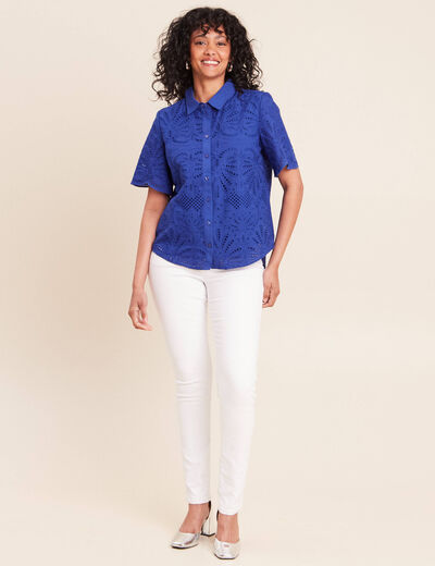 Chemise manches courtes brod&eacute;e bleu fonc&eacute; femme