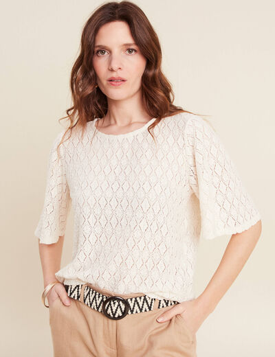 Blouse manches courtes ajourée ecru femme