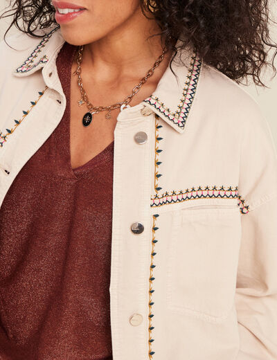 Veste en jean brodée denim beige femme