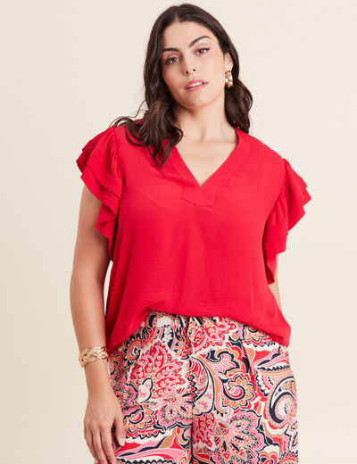 Blouse manches courtes volants rouge femme