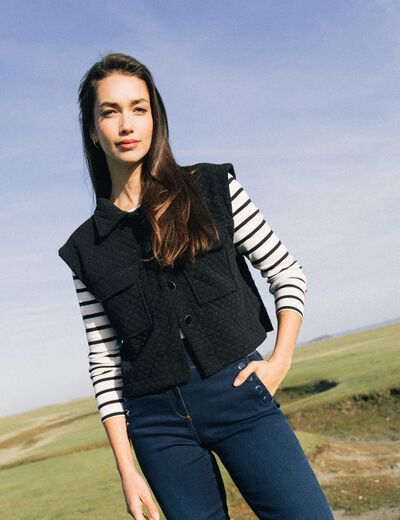 Veste courte droite sans manches noir femme