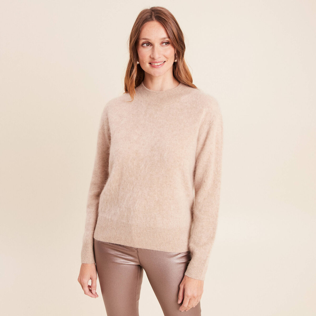 Pull cachemire col montant sable femme
