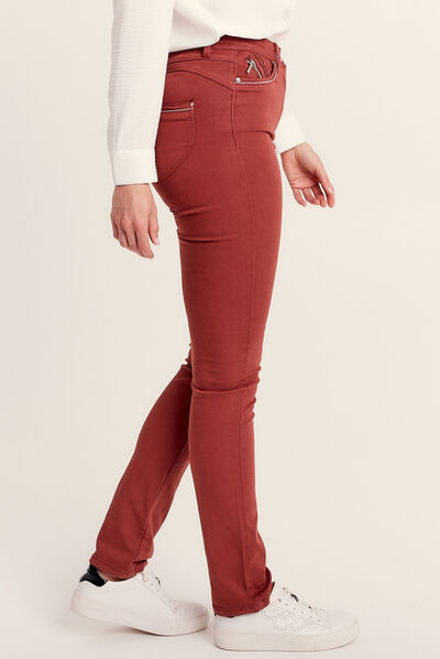 Pantalon ajusté taille haute marron cognac femme