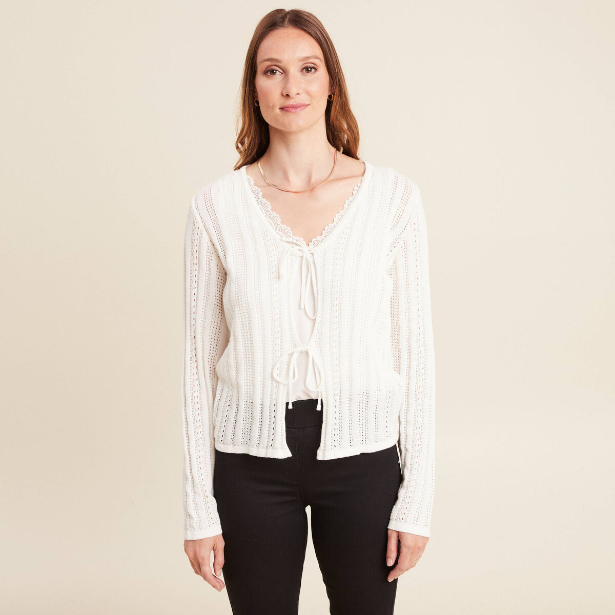 Gilet mi-long manches longues ecru femme
