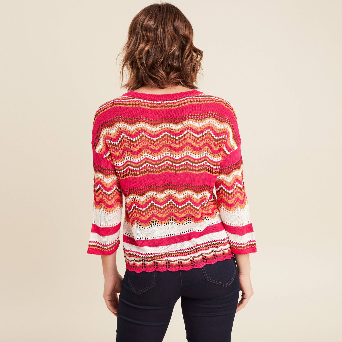 Pull manches 3/4 ajour&eacute; rose fushia femme