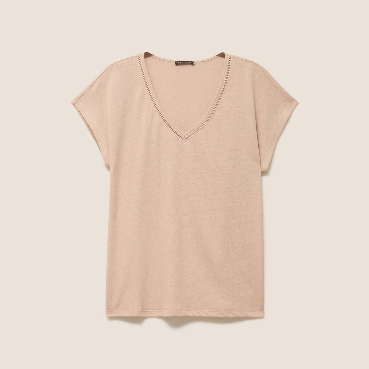 T-shirt col v manches courtes aspect lin sable femme