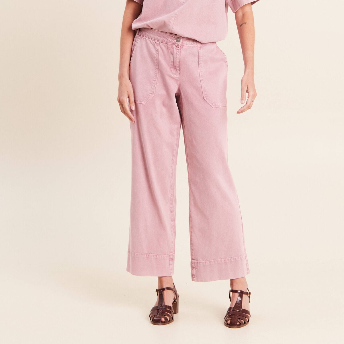 Pantalon large taille haute fluide rose femme