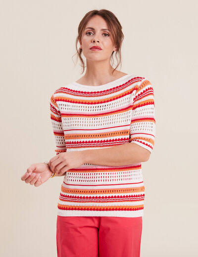 Pull manches 3/4 ajouré orange femme