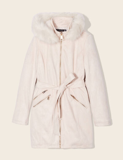 Manteau cintré suédine capuche beige femme