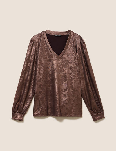 Blouse col v manches longues marron fonc&eacute; femme