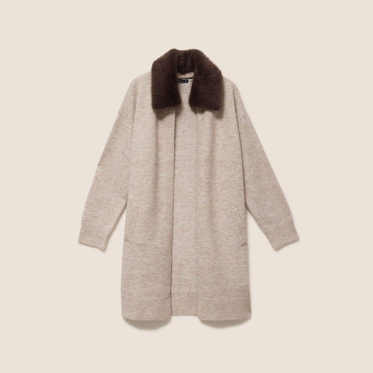 Gilet droit long col chemise beige femme