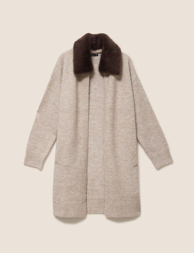 Gilet droit long col chemise beige femme