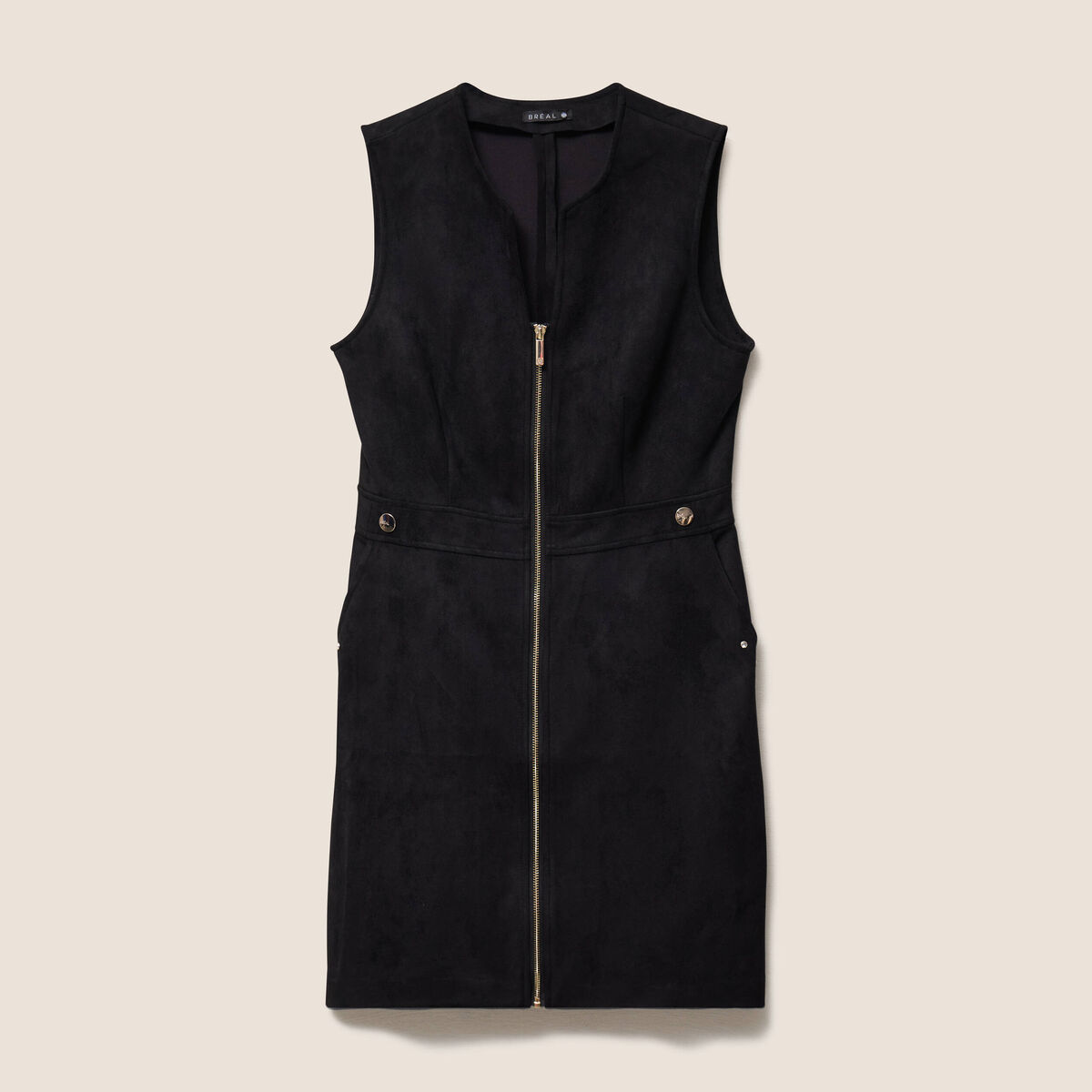 Robe sans manches col rond aspect daim noir femme