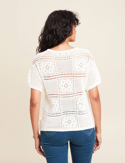 Pull court col rond manches courtes ecru femme
