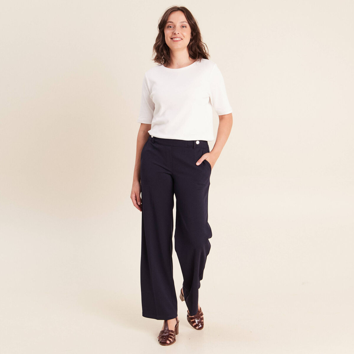 Pantalon taille haute bleu fonc&eacute; femme