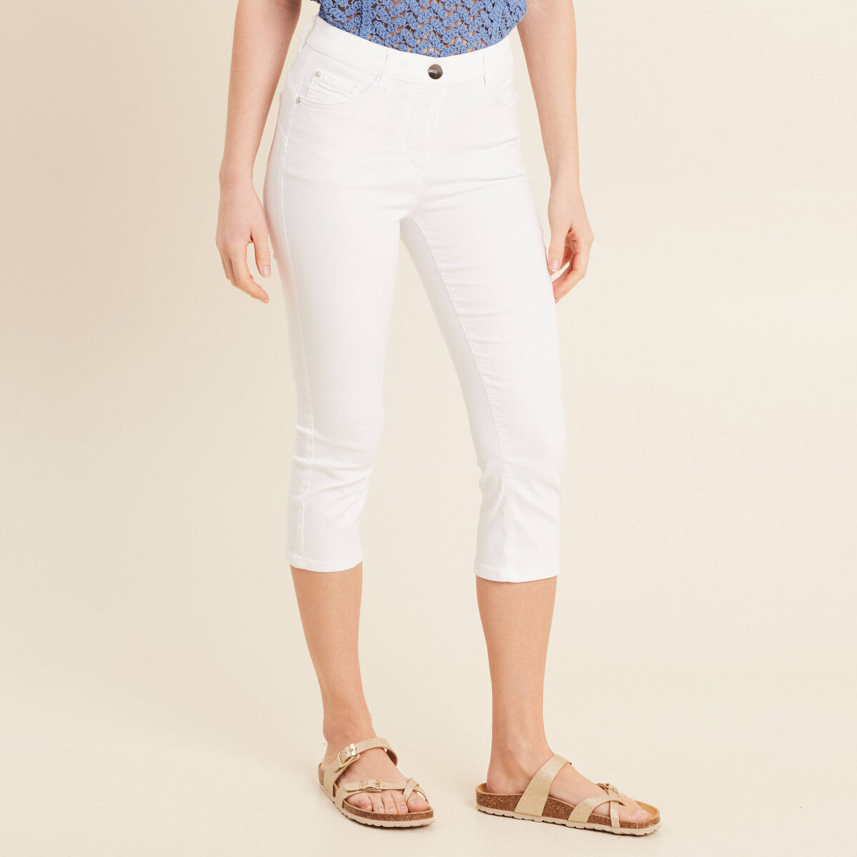 Pantacourt droit taille standard blanc femme
