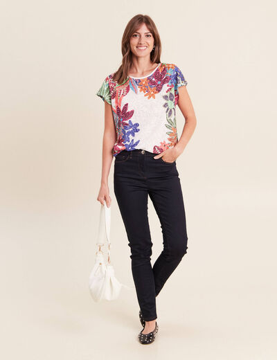T-shirt droit col rond manches courtes ecru femme