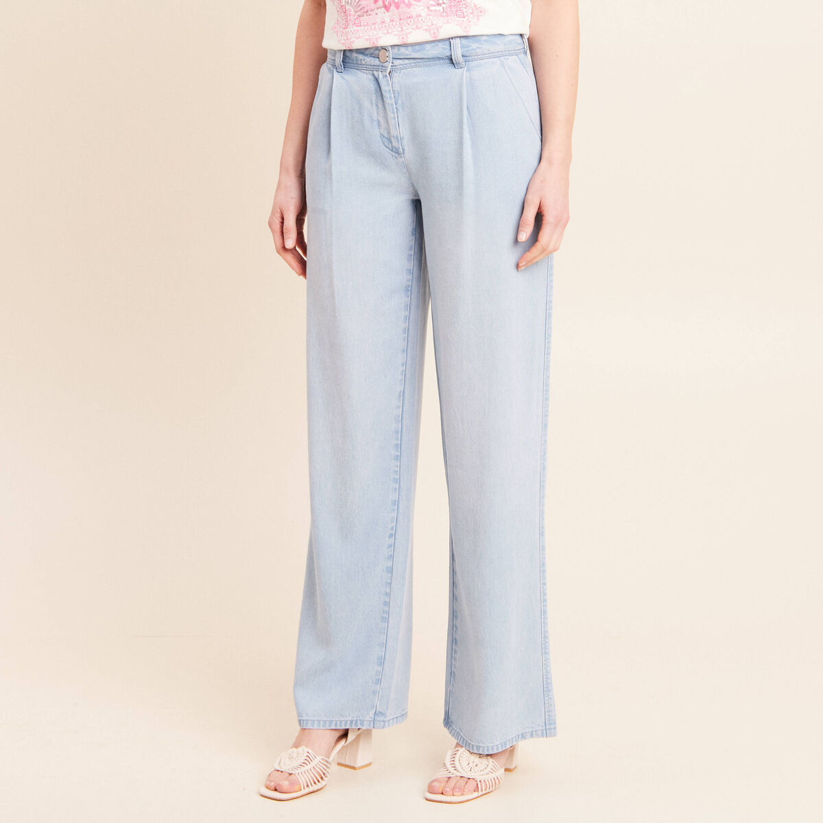Pantalon large doubl&eacute; fluide denim bleach femme
