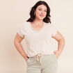 T-shirt col v manches courtes aspect lin beige femme