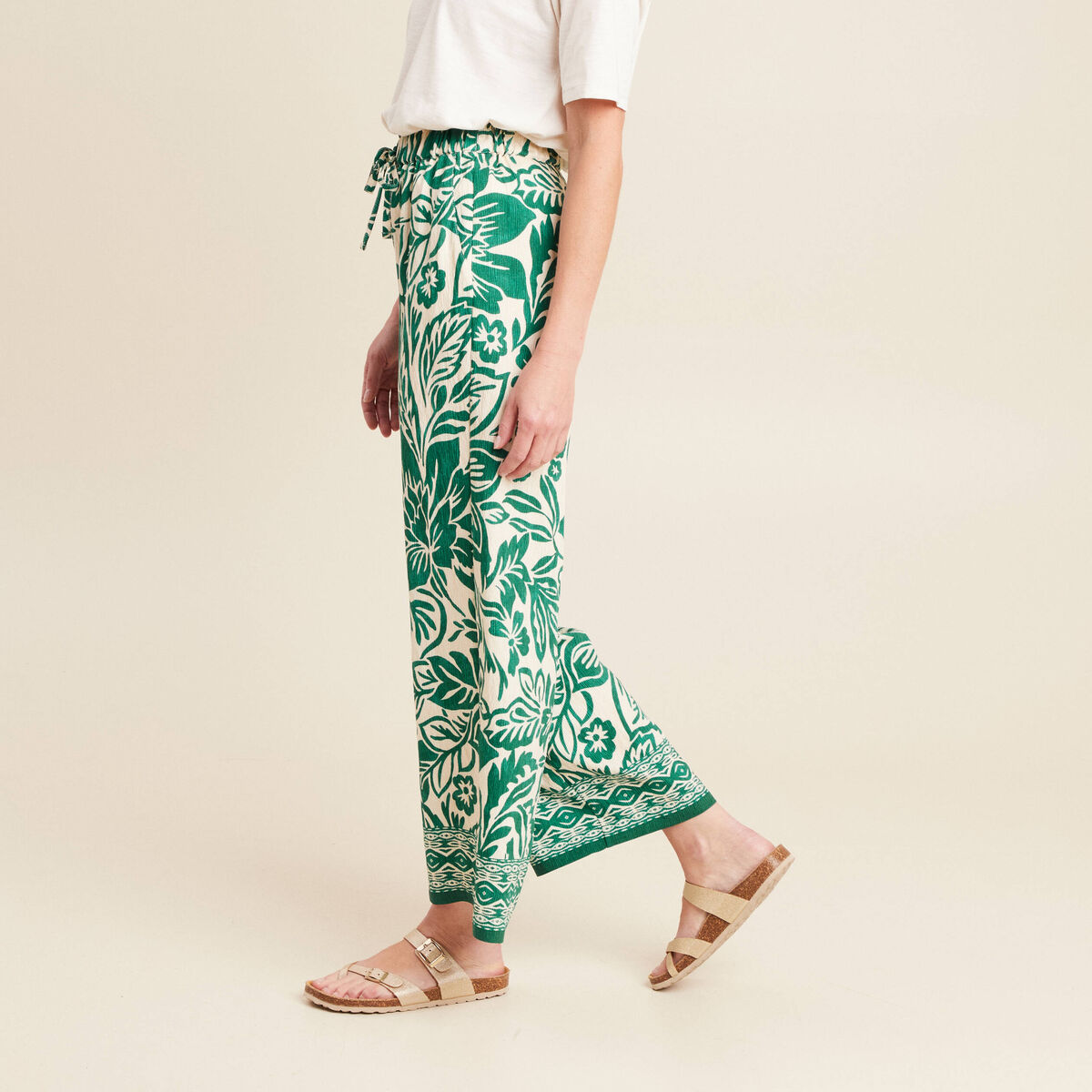 Pantalon large taille haute ecru femme