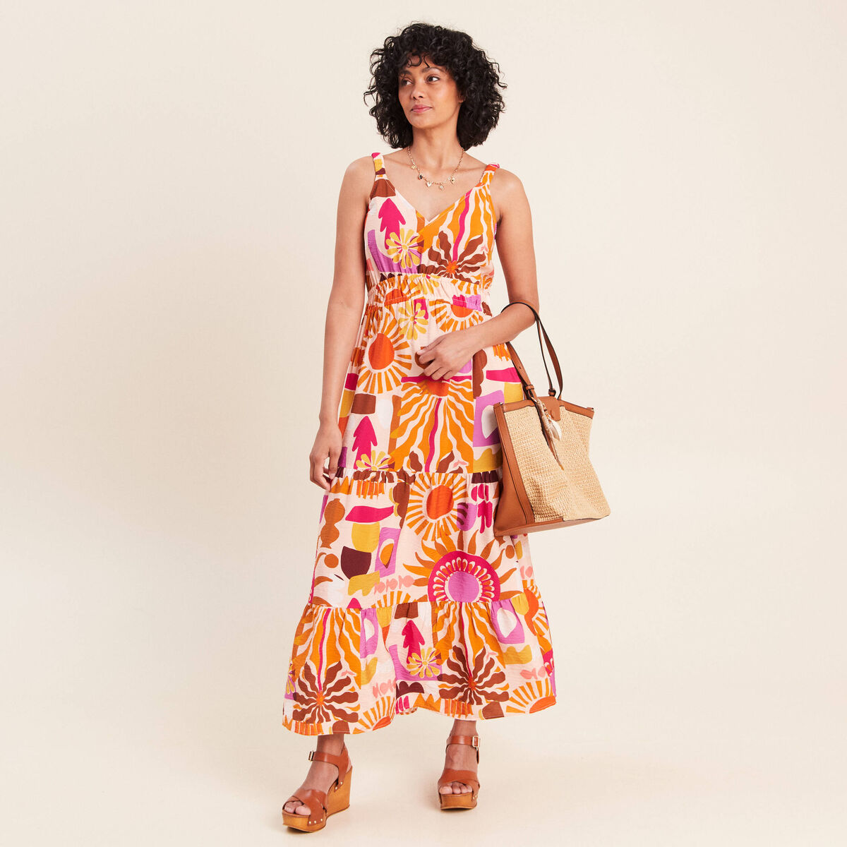 Robe longue &eacute;vas&eacute;e &agrave; fines bretelles multicolore femme