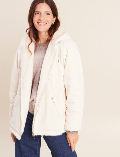 Parka r&eacute;versible courte &agrave; capuche ivoire femme