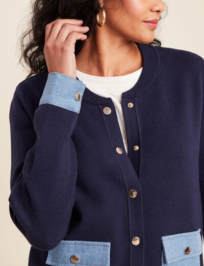 gilet droit court manches longues bleu marine femme