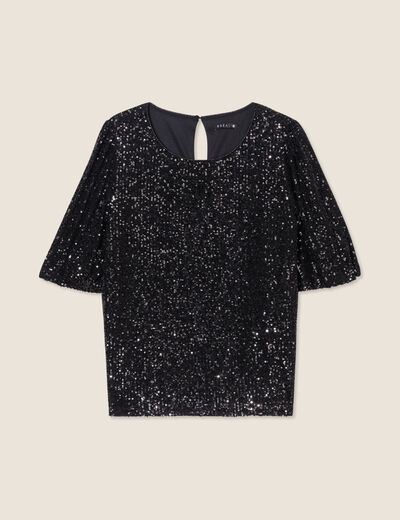 T-shirt manches 3/4 sequins noir femme