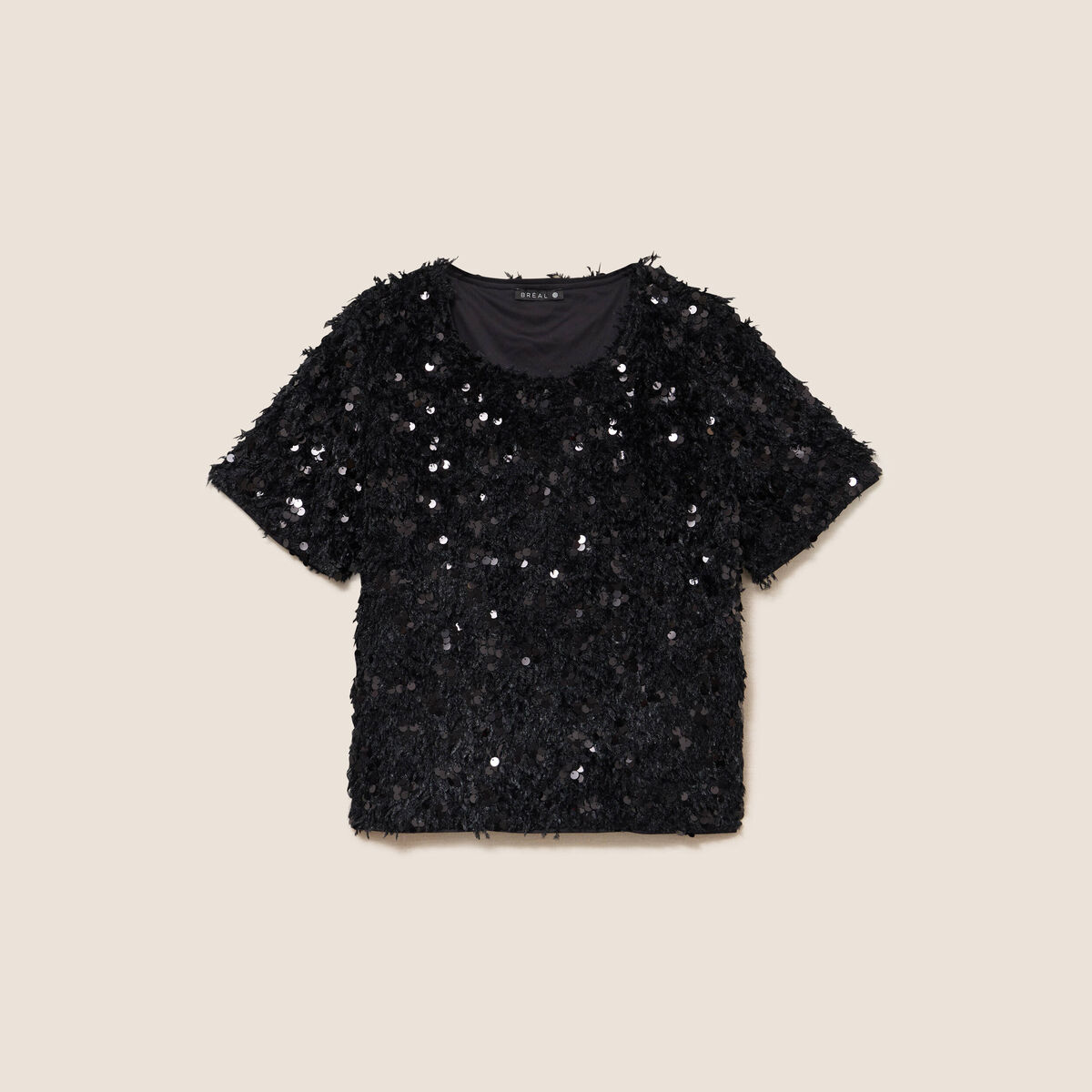 T-shirt &agrave; sequins manches courtes noir femme