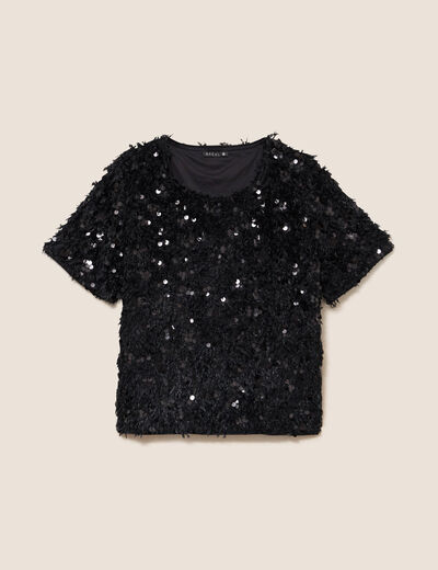T-shirt &agrave; sequins manches courtes noir femme