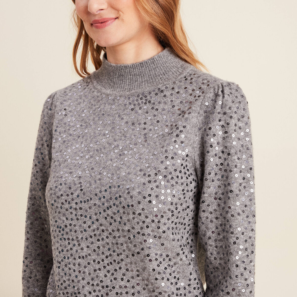Pull manches longues sequins gris clair femme