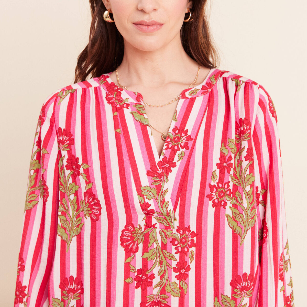 Blouse ample col v manches longues rose femme